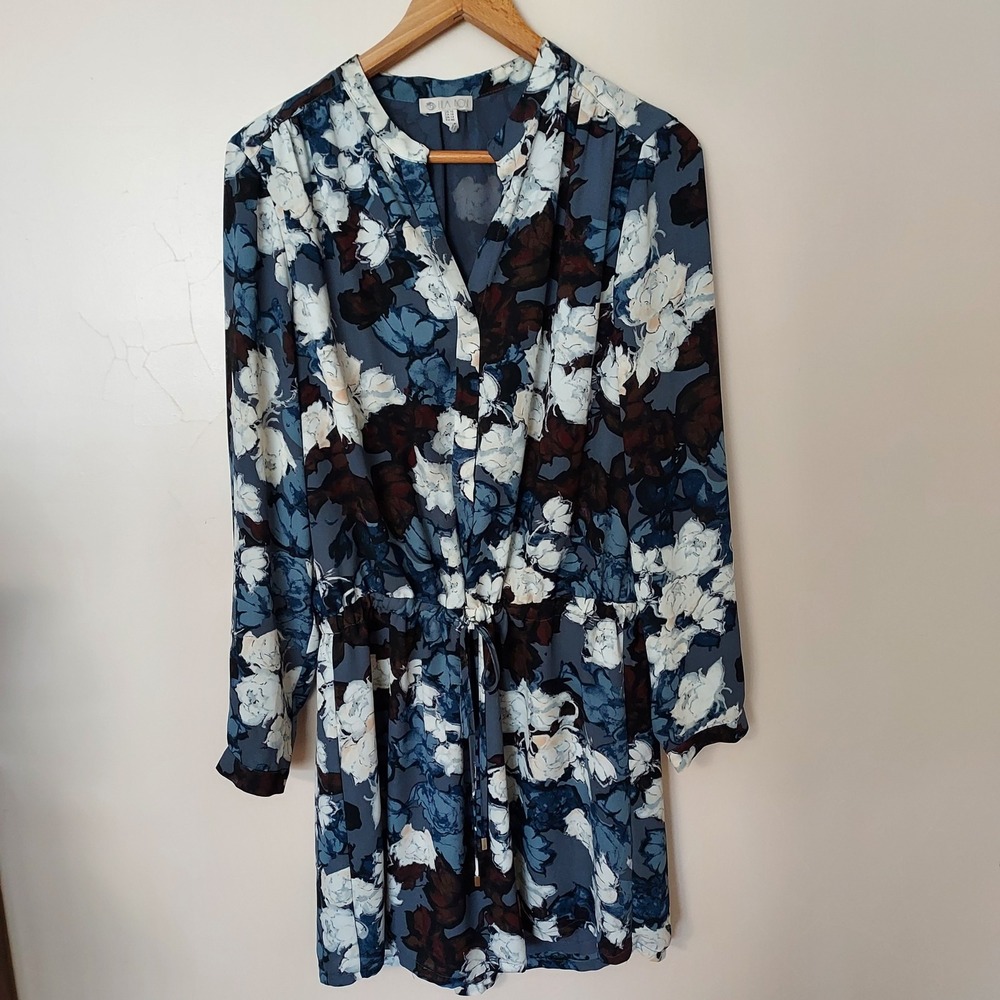 Lila Rose Blue Floral Long Sleeve Mini Dress Drawstring Waist Sz 10 Garden